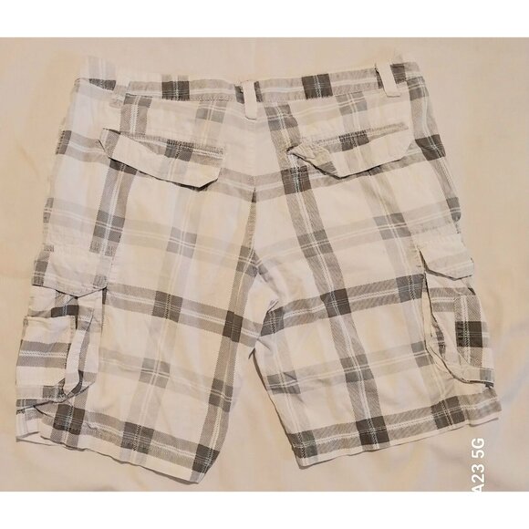 Mens Carbon White & Gray Plaid Cargo Shorts Size 36 Cotton Casual Lightweight - Picture 2 of 4